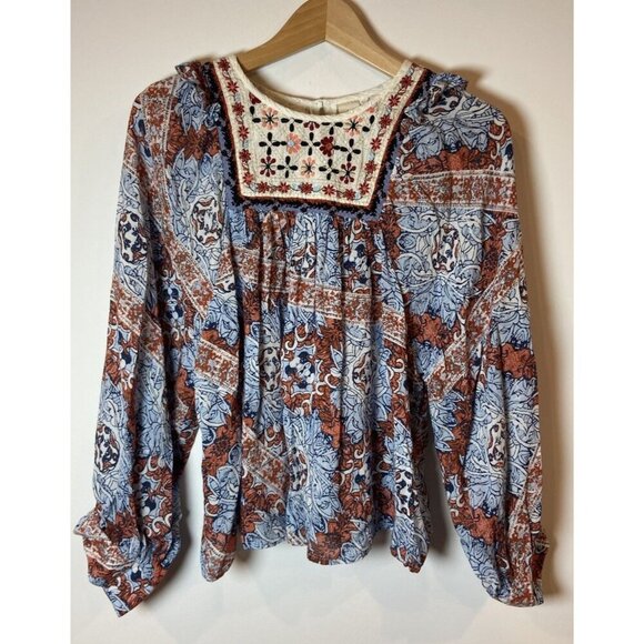 Seen Worn Rest Tops - Anthropologie Seen Worn Rest Blouse Shirt Blue Orange Embroidery Medium M